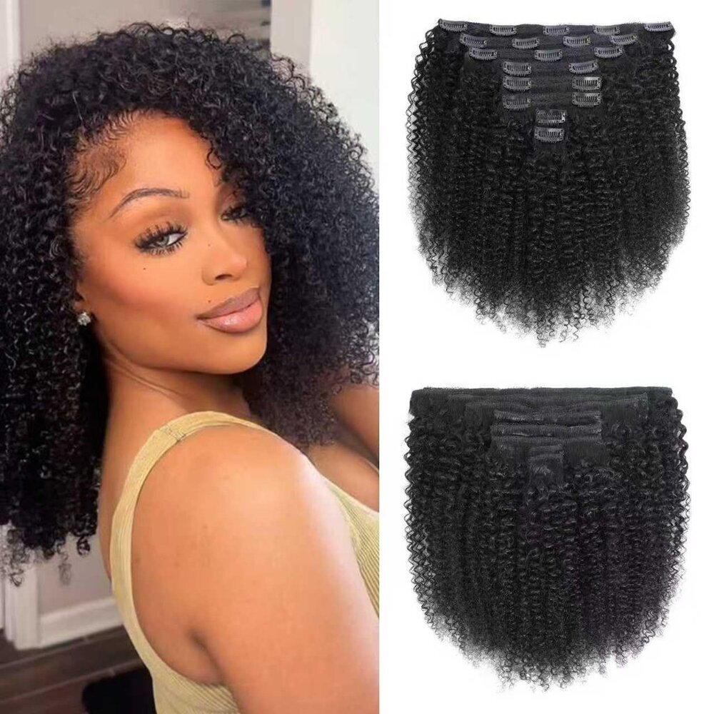 Human Hair Clip Ins Afro Kinky Curly 14 Inch Natural Black 8 Pcs For Black Women